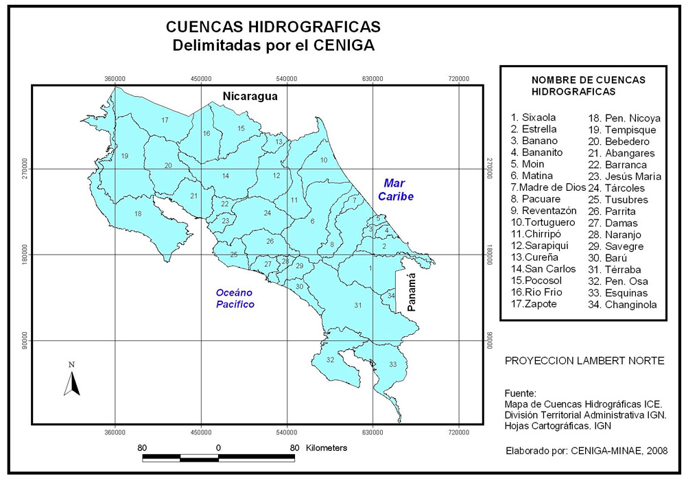 Mapa de cuencas hidrográficas Costa Rica